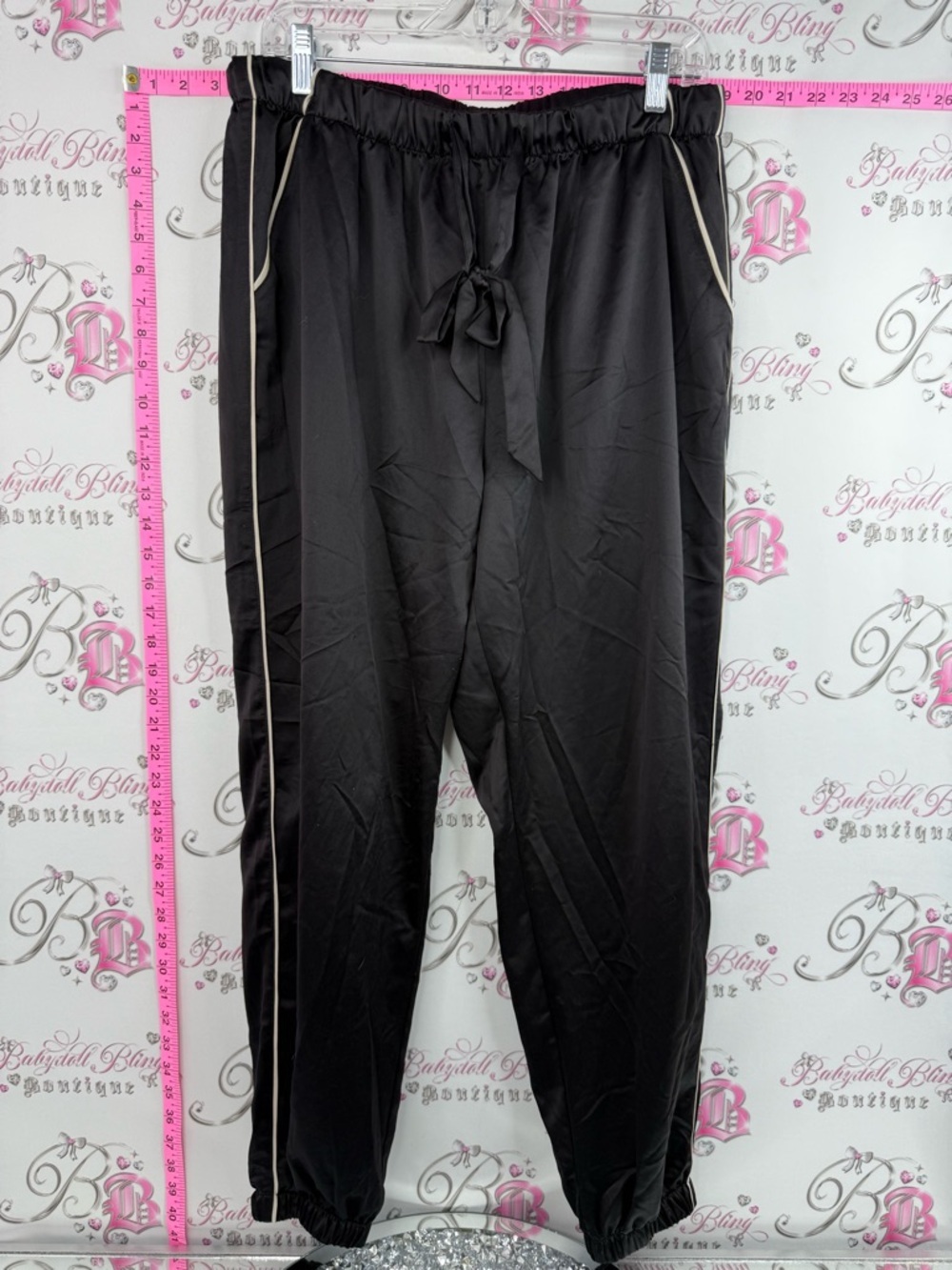 Ashley Graham pants shiny Black Elastic Waist Jogger Pants with Contrast Trim